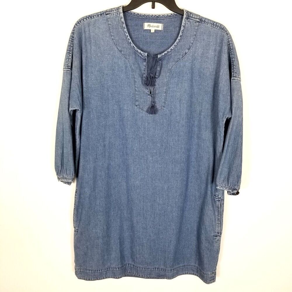 Madewell Chambray Artiste Denim Dress‎ Size L Tassel Tie Pockets Mini 3/4 Slvs
